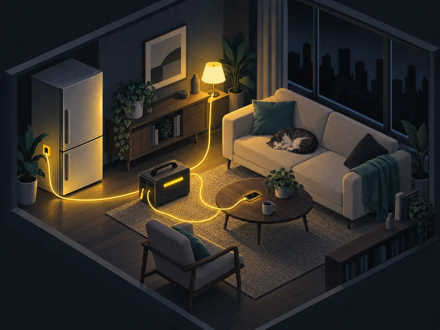 停電の夜、ポータブル電源から冷蔵庫・照明・スマホに電気を送っている部屋